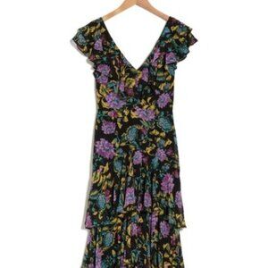 WAYF Floral Tiered V Neck Ruffle Midi Dress Black Size M